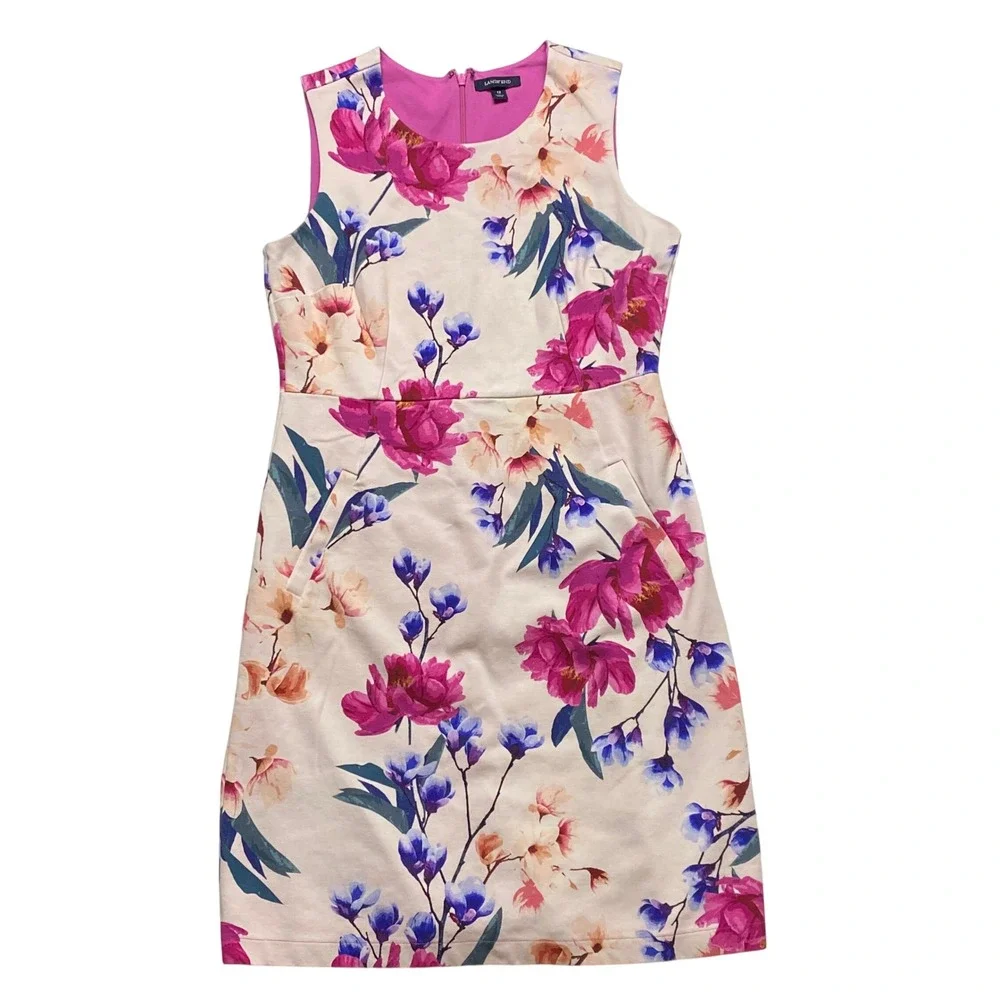 Lands End Womens Floral Sleeveless Sheath Dress Pink Purple Cream‎ Size 12